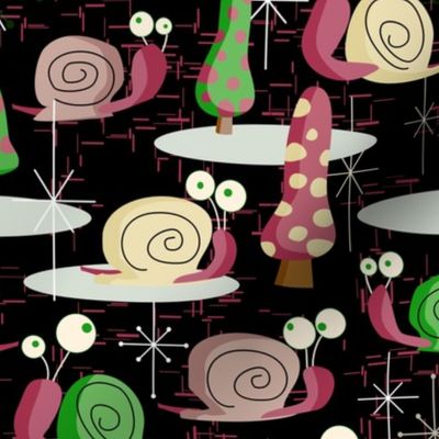 MidCentury Modern Snails-- Midcentury Atomic Snail in Black-- Pink, Green, Cream Christmas Snails