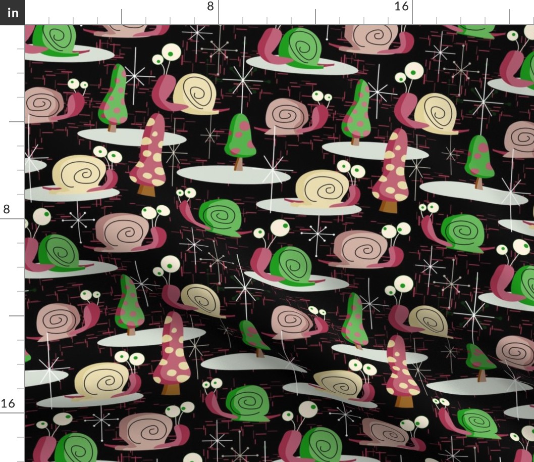 MidCentury Modern Snails-- Midcentury Atomic Snail in Black-- Pink, Green, Cream Christmas Snails