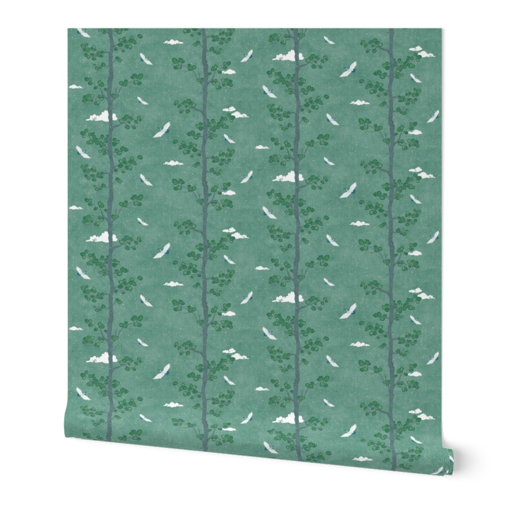 Pines and Cranes in Forest Green (small scale) | Forest fabric, bird fabric in soft green. Japanese print fabric, tree fabric with cranes and snow.