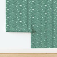 Pines and Cranes in Forest Green (small scale) | Forest fabric, bird fabric in soft green. Japanese print fabric, tree fabric with cranes and snow.