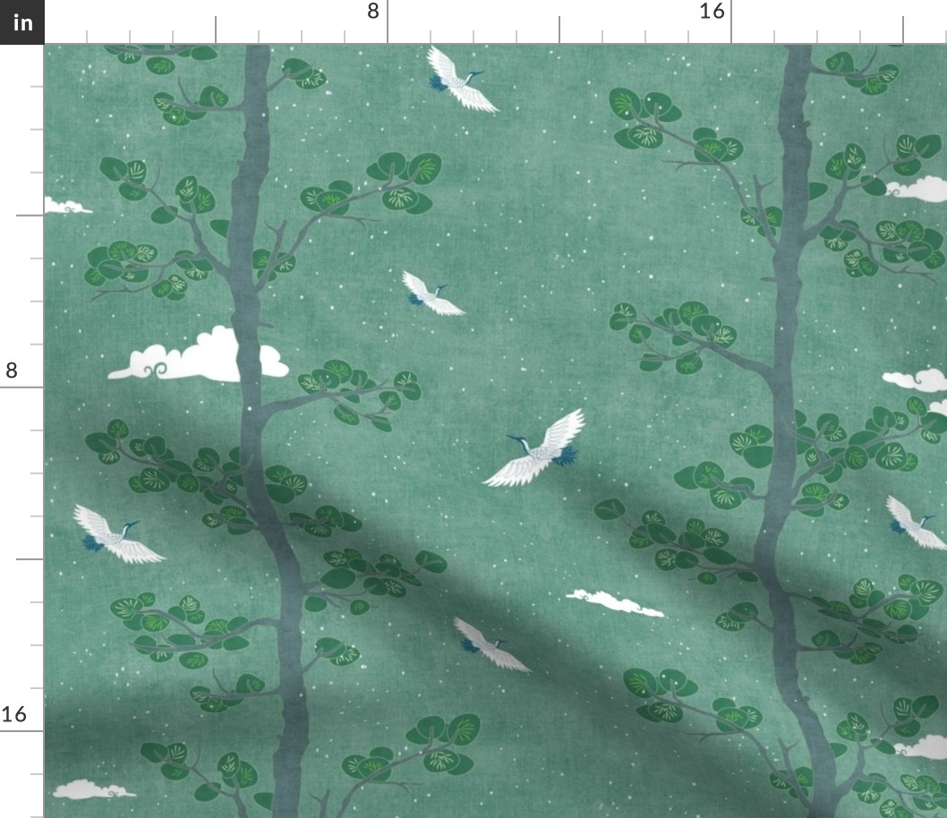 Pines and Cranes in Forest Green (medium scale) | Forest fabric, bird fabric in soft green. Japanese print fabric, tree fabric with cranes and snow.