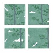 Pines and Cranes in Forest Green (large scale) | Forest fabric, bird fabric in soft green. Japanese print fabric, tree fabric with cranes and snow.