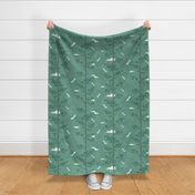 Pines and Cranes in Forest Green (large scale) | Forest fabric, bird fabric in soft green. Japanese print fabric, tree fabric with cranes and snow.