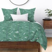 Pines and Cranes in Forest Green (large scale) | Forest fabric, bird fabric in soft green. Japanese print fabric, tree fabric with cranes and snow.