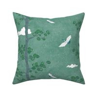 Pines and Cranes in Forest Green (large scale) | Forest fabric, bird fabric in soft green. Japanese print fabric, tree fabric with cranes and snow.