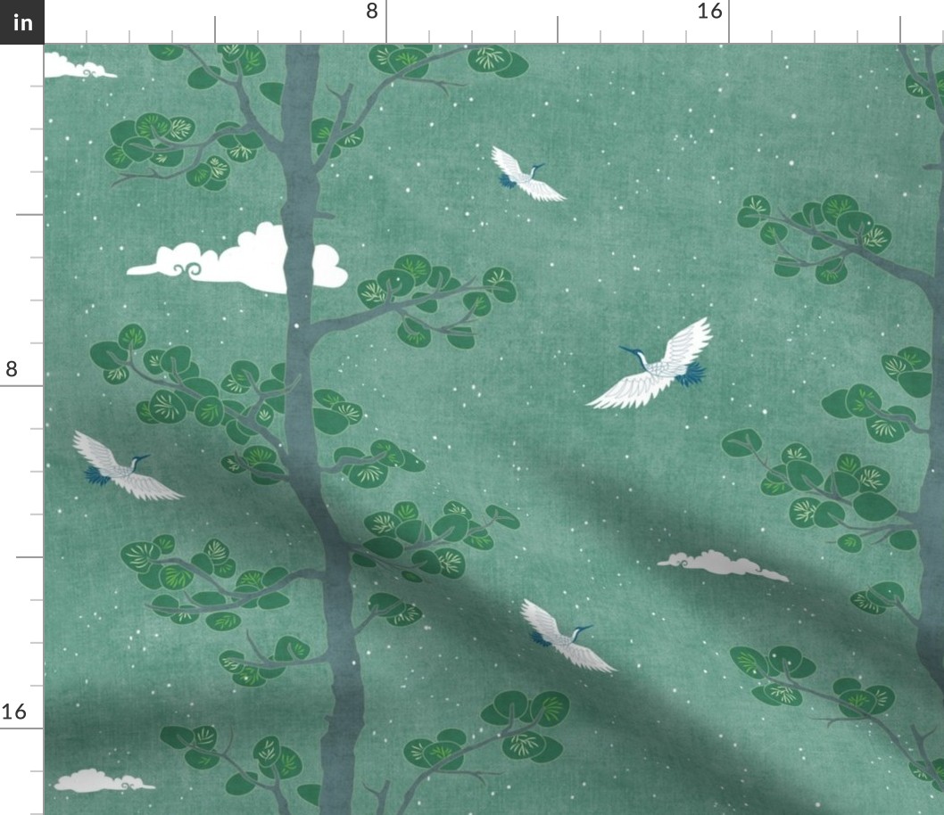Pines and Cranes in Forest Green (large scale) | Forest fabric, bird fabric in soft green. Japanese print fabric, tree fabric with cranes and snow.