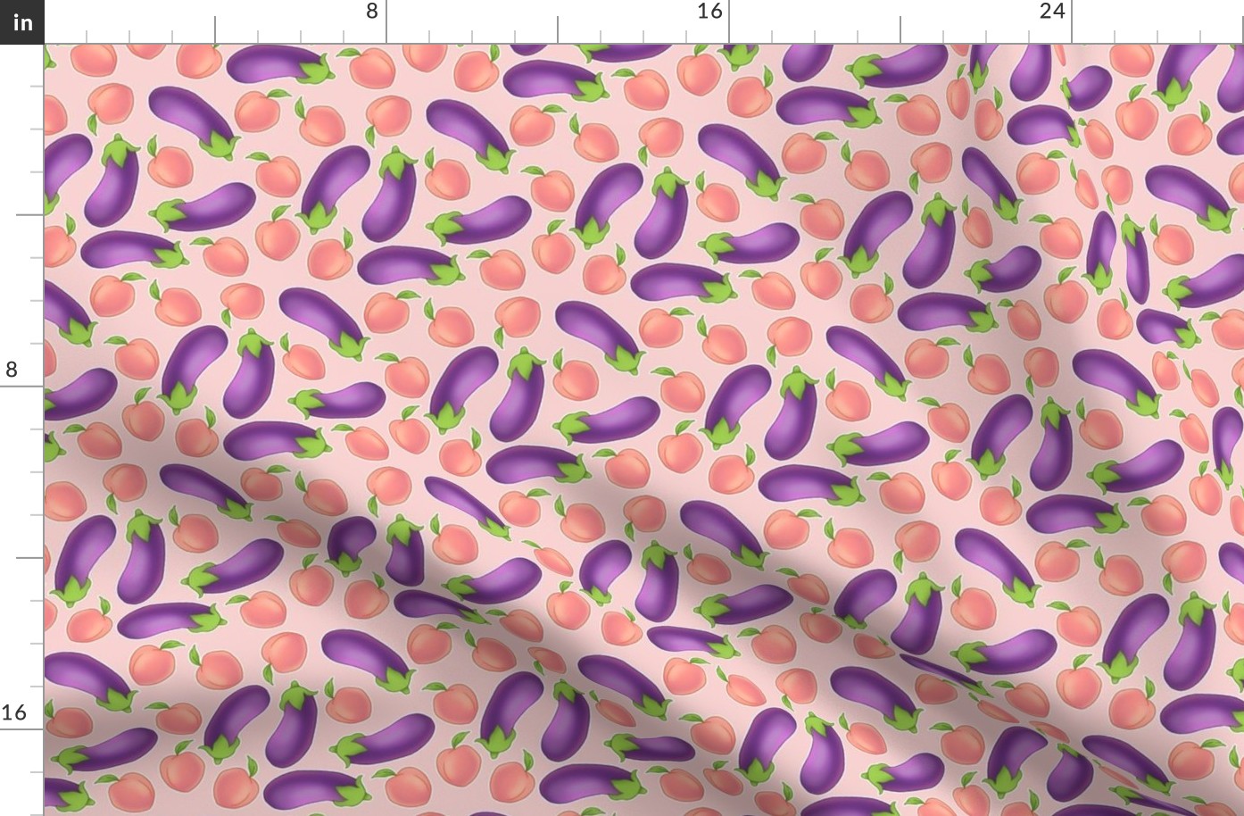 Peaches and Eggplants on Pink Fabric