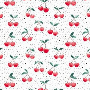 Mini Micro // Scattered cherries on on white with black speckle