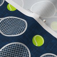 Tennis Racquet and ball - silver on blue  - LAD20