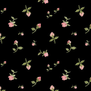 Scattered Vintage Rosebuds - black, large 