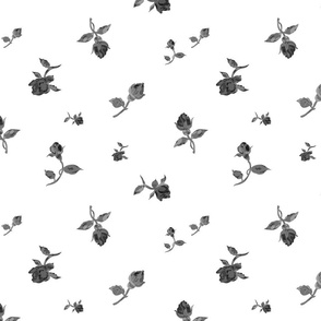 Scattered Vintage Rosebuds - greyscale on white, large 