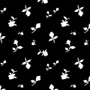 Scattered Vintage Rosebuds - White silhouettes on black, large 