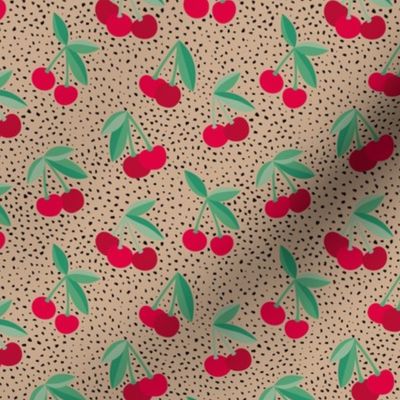 Little Cherry boho spots Latte - Fifties Vintage cherry design