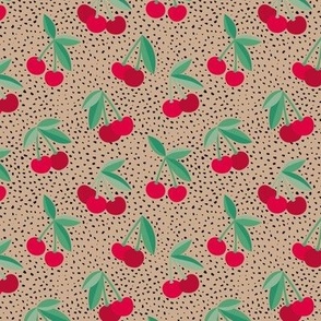 Little Cherry boho spots Latte - Fifties Vintage cherry design