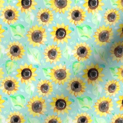 Cheerful Watercolor Sunflowers on Soft Teal - Small Scale