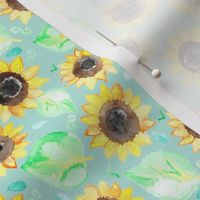 Cheerful Watercolor Sunflowers on Soft Teal - Small Scale