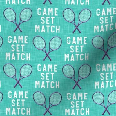 game set match - cross rackets - tennis - purple on teal  - LAD20