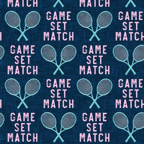 game set match - cross rackets - tennis - pink on dark blue  - LAD20
