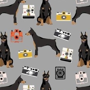 doberman camera fabric - vintage cameras and dogs design - grey