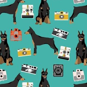 doberman camera fabric - vintage cameras and dogs design - turquoise