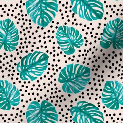 Tropical monstera leaves jungle garden boho summer nursery neutral emerald green teal beige black spots