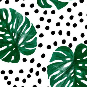 Tropical monstera leaves jungle garden boho summer nursery emerald green on white black dots JUMBO