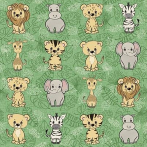 Safari Animals on Green Outline Leaves - med scale