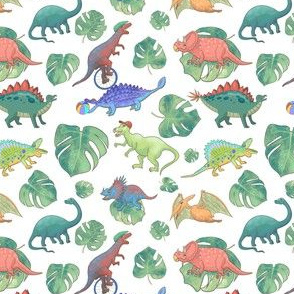 Dinosaur pattern and monstera leaves