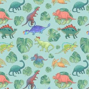 Dinosaur pattern and monstera leaves on green background