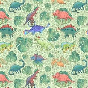 Dinosaur pattern and monstera leaves on mint green background