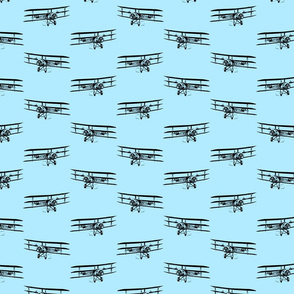 Antique Triplane Airplane Vintage Aviation Pattern in Black with Baby Blue Background