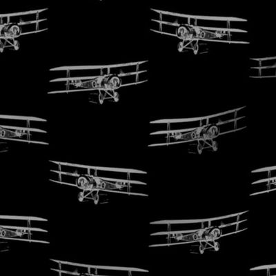 Antique Triplane Airplane Vintage Aviation Pattern in Gray with Black Background