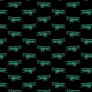 Antique Triplane Airplane Vintage Aviation Pattern in Teal Green with Black Background