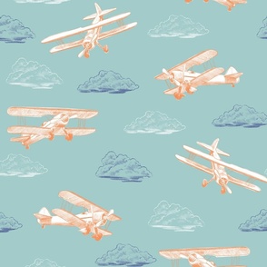 Teal and Orange Airplanes in the Clouds