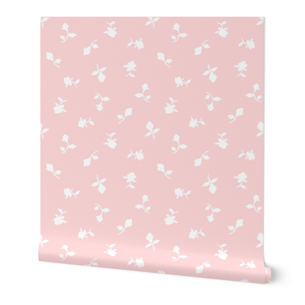 Floating Vintage Rosebuds - White silhouettes on blush pink, large 