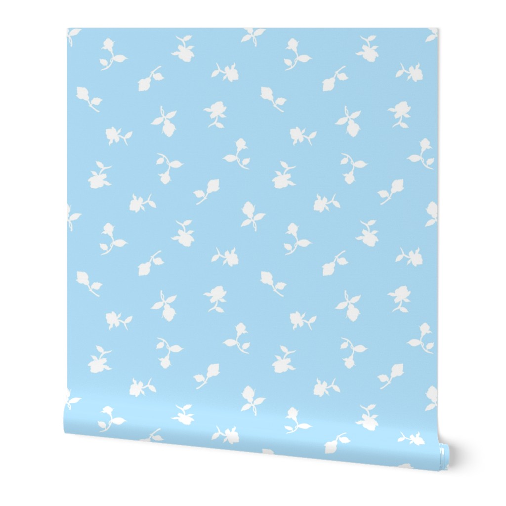Floating Vintage Rosebuds - White silhouettes on baby blue, large 