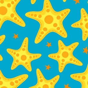 Star Fish Orange on Blue, Summer Fabric, Beach Fabric, Starfish Fabric