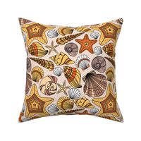 Sea Shells, Summer Fabric, Handdrawn Sea Shells, Brown and Sand Colors