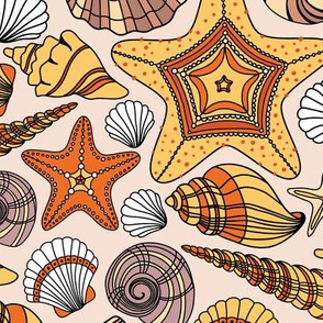 Sea Shells, Summer Fabric, Handdrawn Sea Shells, Brown and Sand Colors