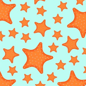 Summer Fabric Star Fish Starfish, Orange Star Fish on Aqua