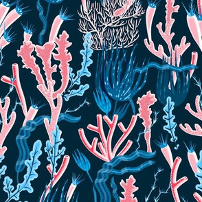 Summer Fabric Coral Ocean Coral Sea Shells on Dark Blue 2