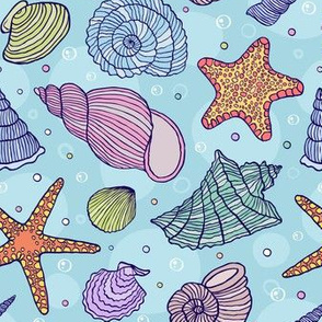 Summer Fabric Coral Ocean Coral Sea Shells on Light Blue