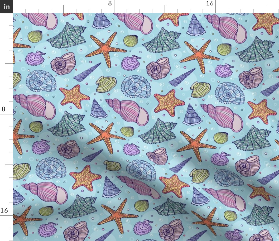 Summer Fabric Coral Ocean Coral Sea Shells on Light Blue