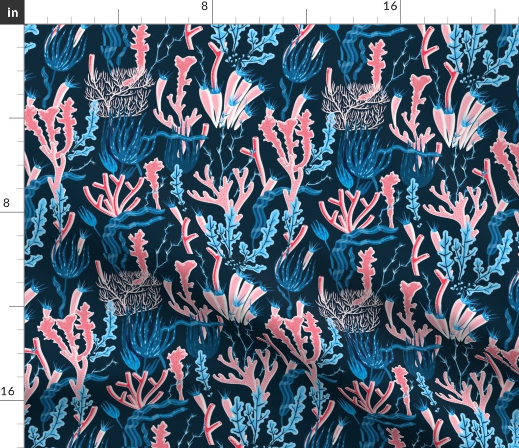 Summer Fabric Coral Ocean Coral Sea Shells on Dark Blue