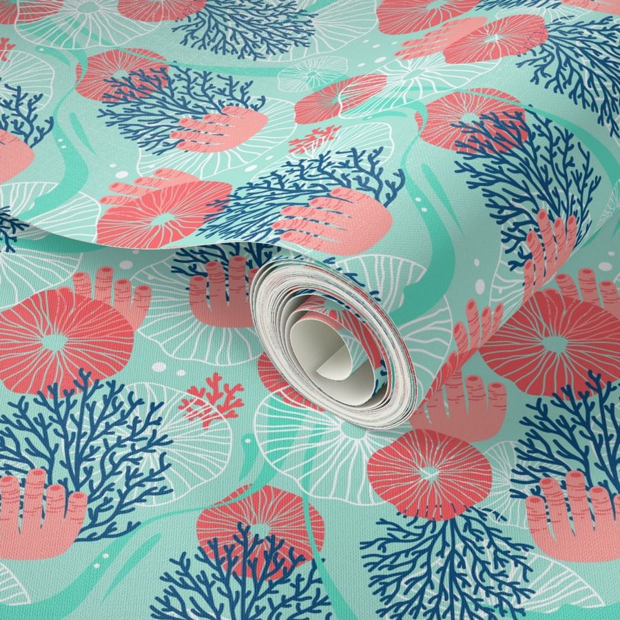 Summer Fabric Coral Ocean Coral Sea Shells-01