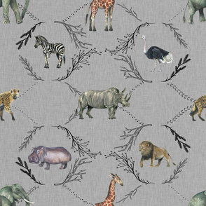 Safari Toile on Grey Linen - Larger Scale