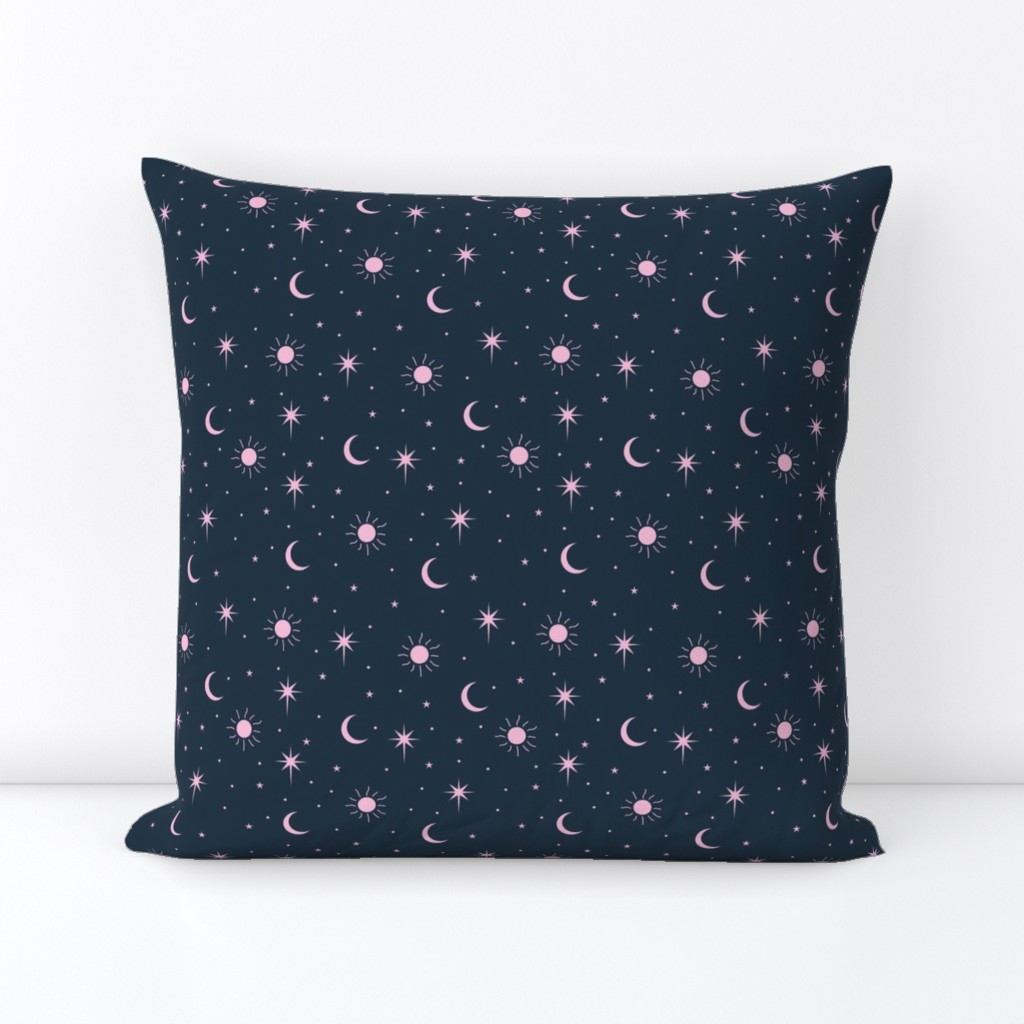 Mystic boho Universe sun moon phase and stars sweet dreams night navy blue pink girls