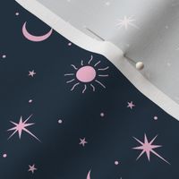 Mystic boho Universe sun moon phase and stars sweet dreams night navy blue pink girls