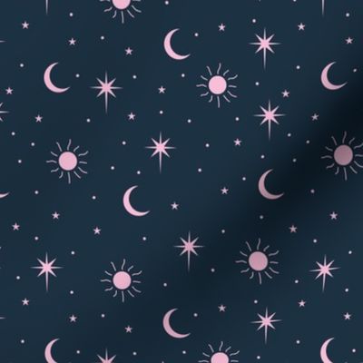 Mystic boho Universe sun moon phase and stars sweet dreams night navy blue pink girls