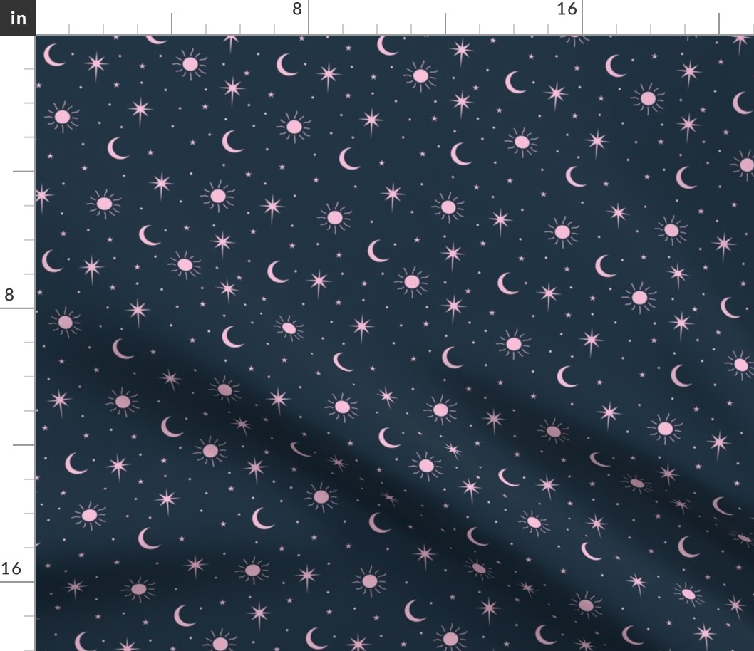 Mystic boho Universe sun moon phase and stars sweet dreams night navy blue pink girls